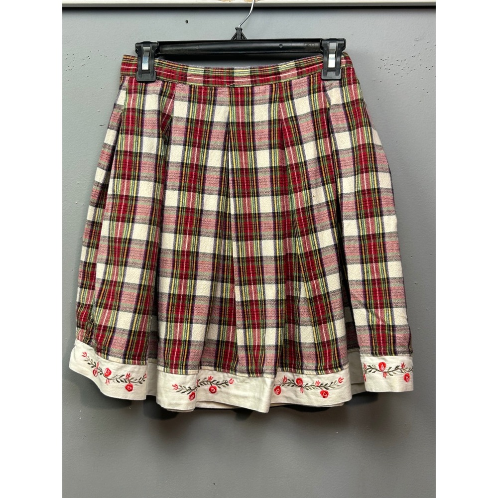 Pink on Pink Skirt Womens L Red Plaid Embroidered Floral Pleated Cotton Vintage